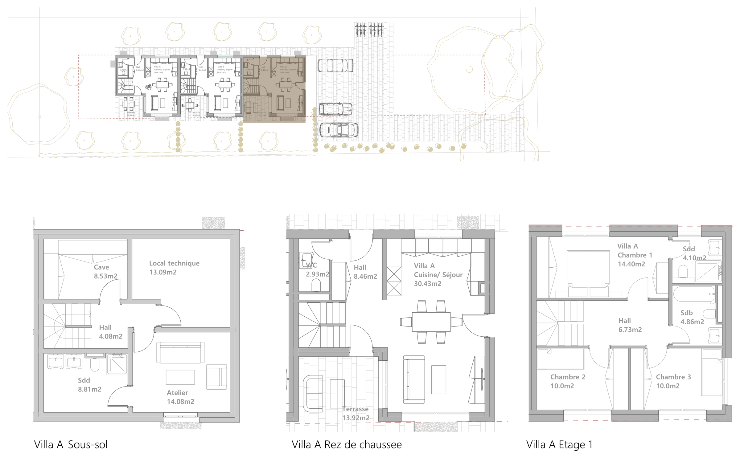 Plans Villa A — sous-sol, rez-de-chaussée et étage, avec surfaces