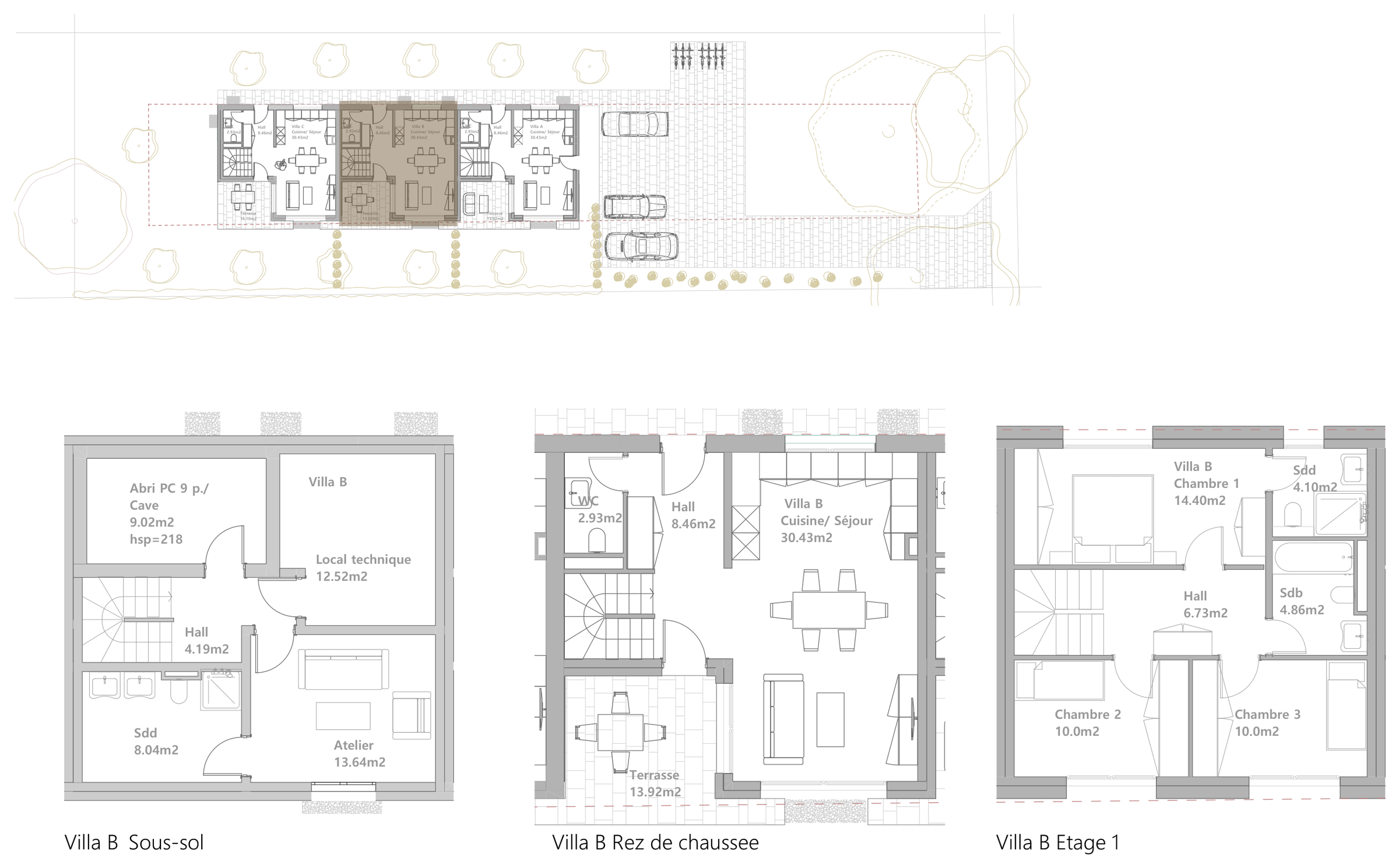 Plans Villa B — sous-sol, rez-de-chaussée et étage, avec surfaces