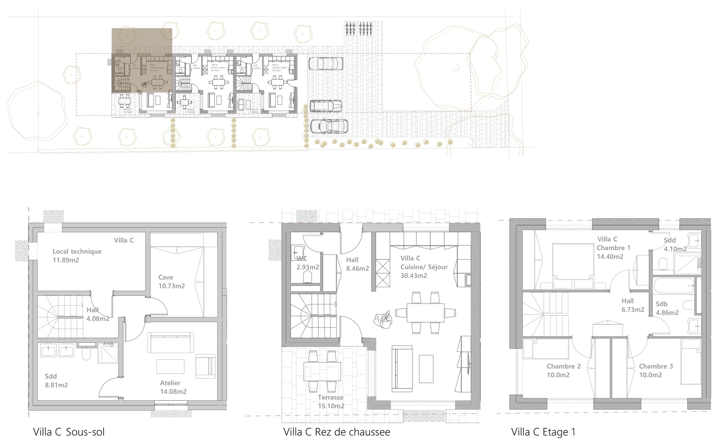 Plans Villa C — sous-sol, rez-de-chaussée et étage, avec surfaces